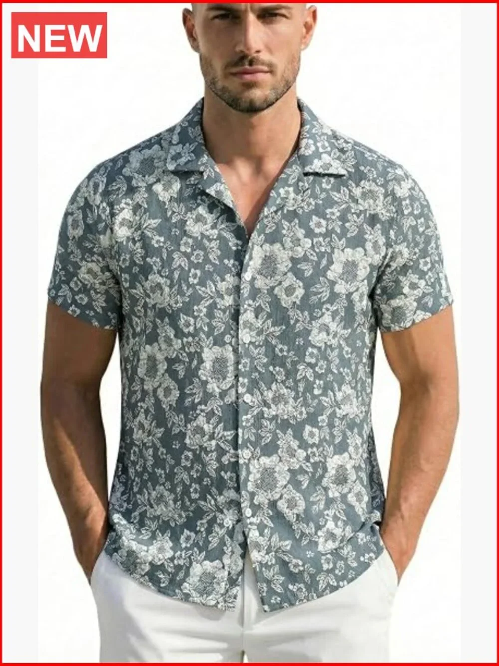 Men's Short Sleeve Button Down Shirt with Floral Print - Picture 1 of 7